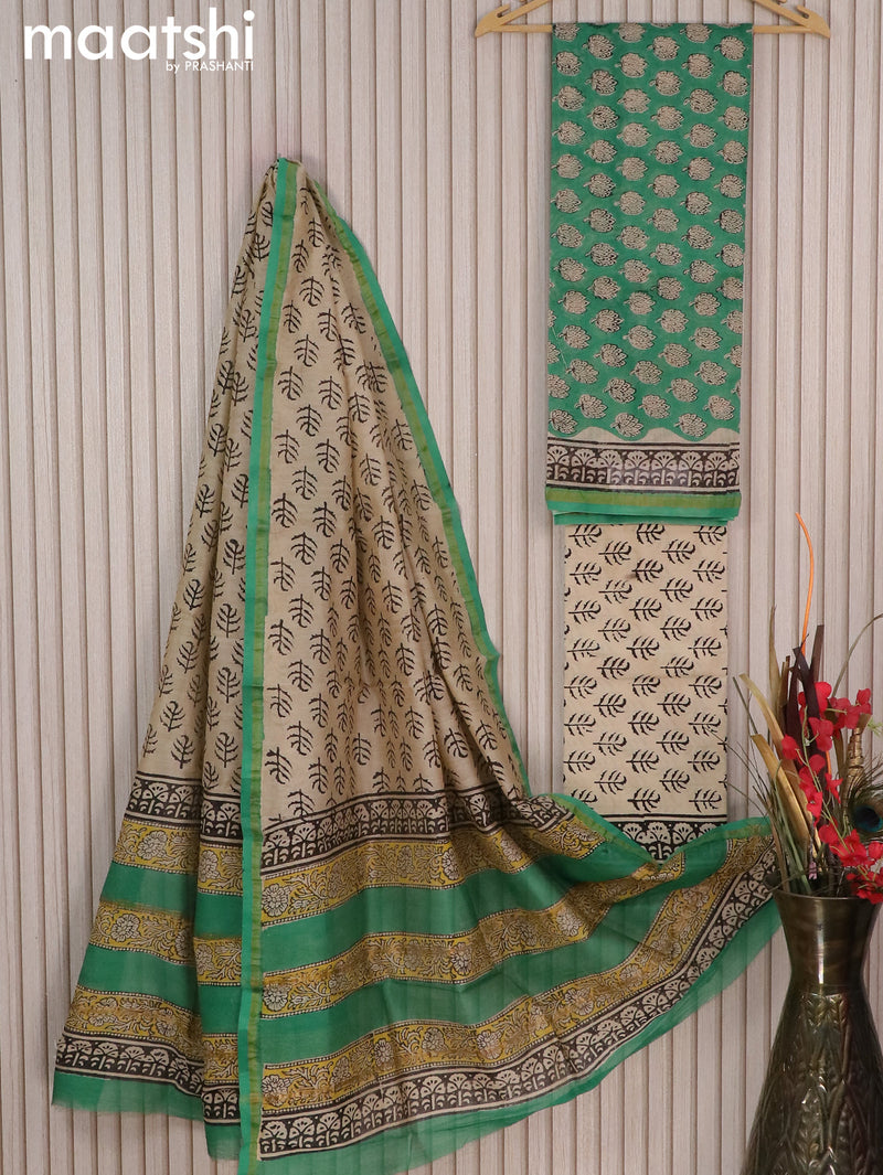 Chanderi dress material teal green and beige with allover butta prints and small zari woven border