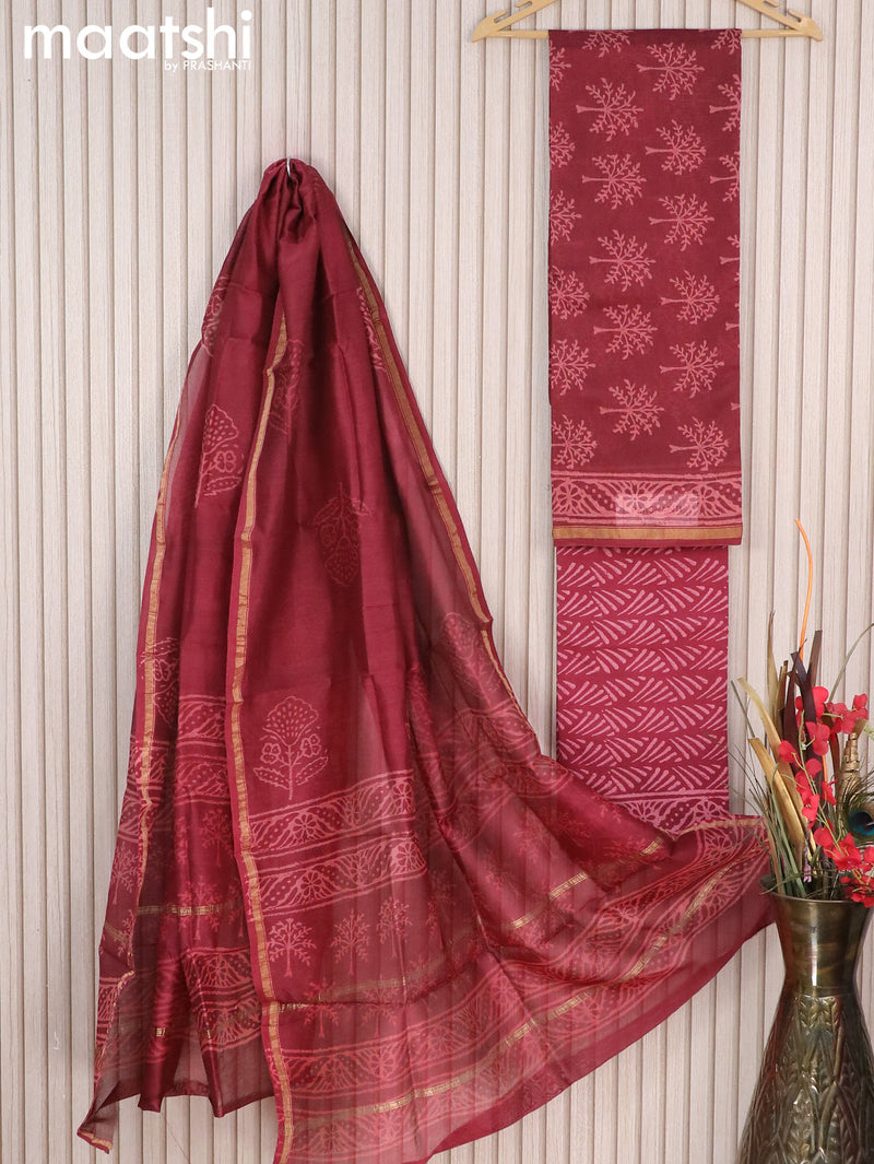 Chanderi dress material maroon with tree butta prints and small zari woven border