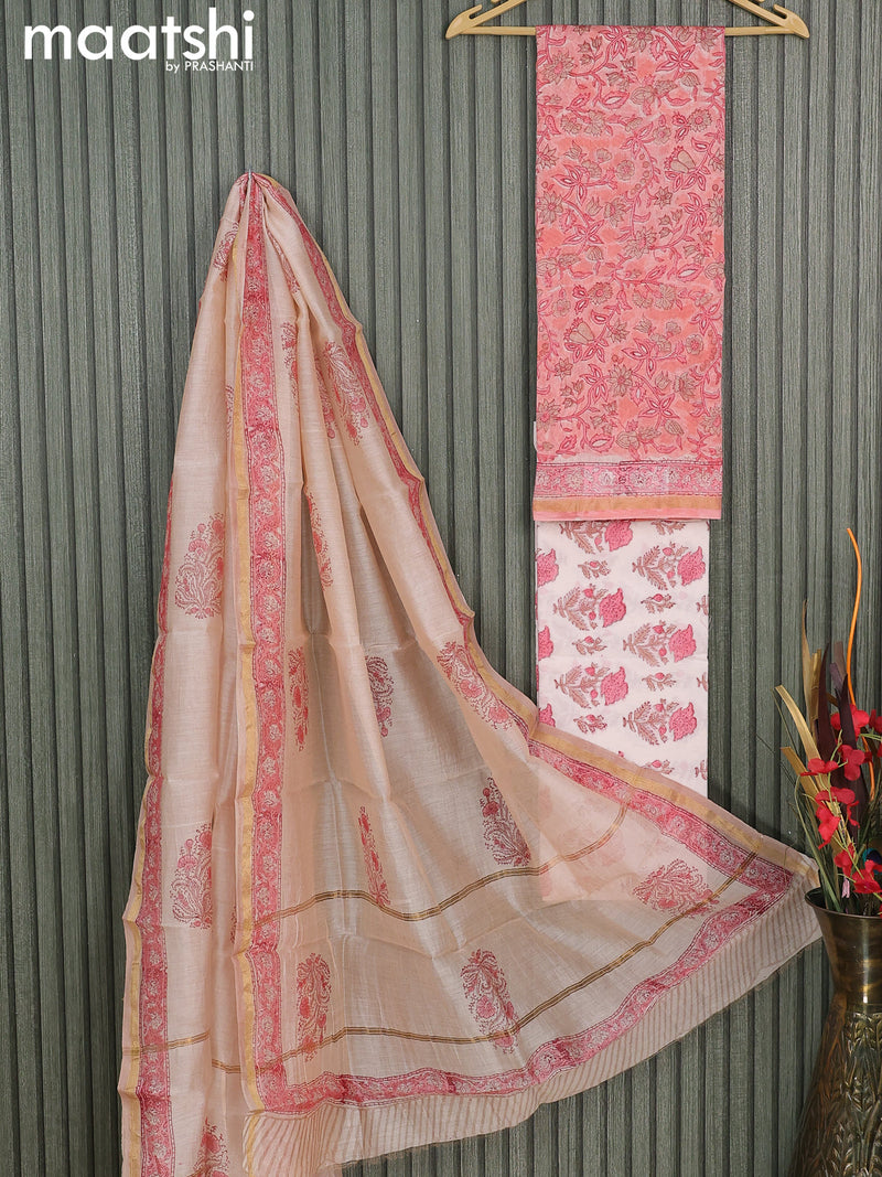 Chanderi dress material peach shade and off white with allover floral prints and small zari woven border