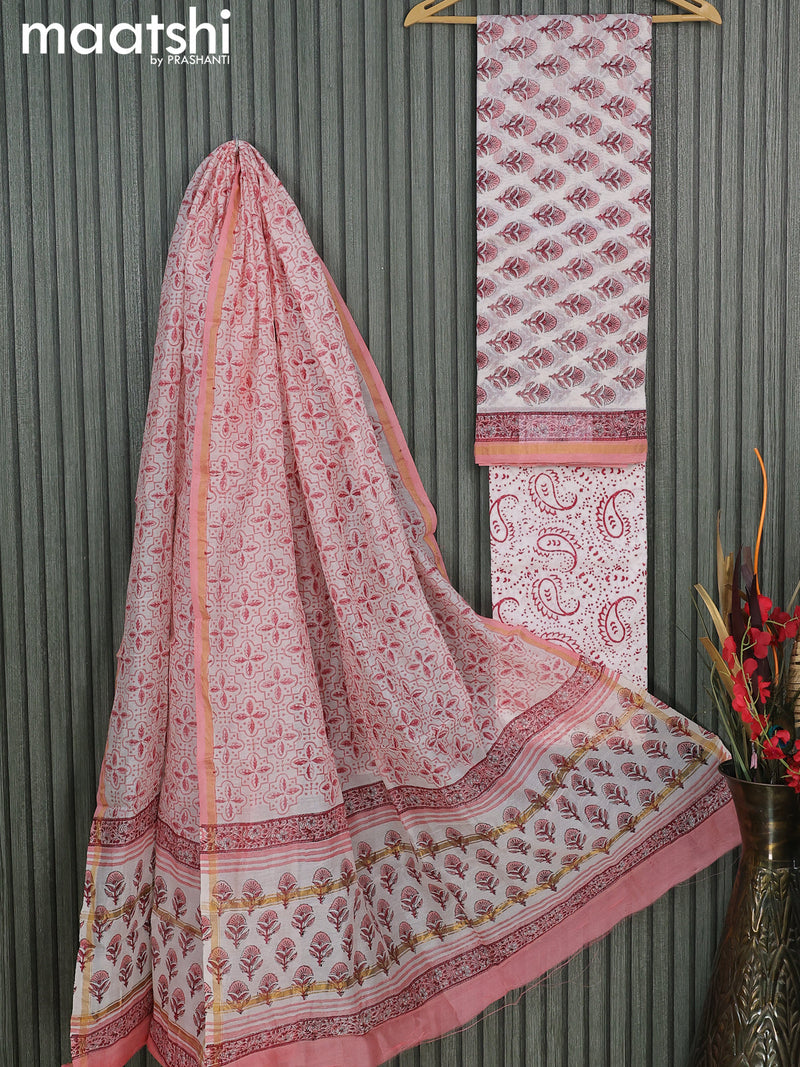 Chanderi dress material off white peach with allover butta prints and small zari woven border
