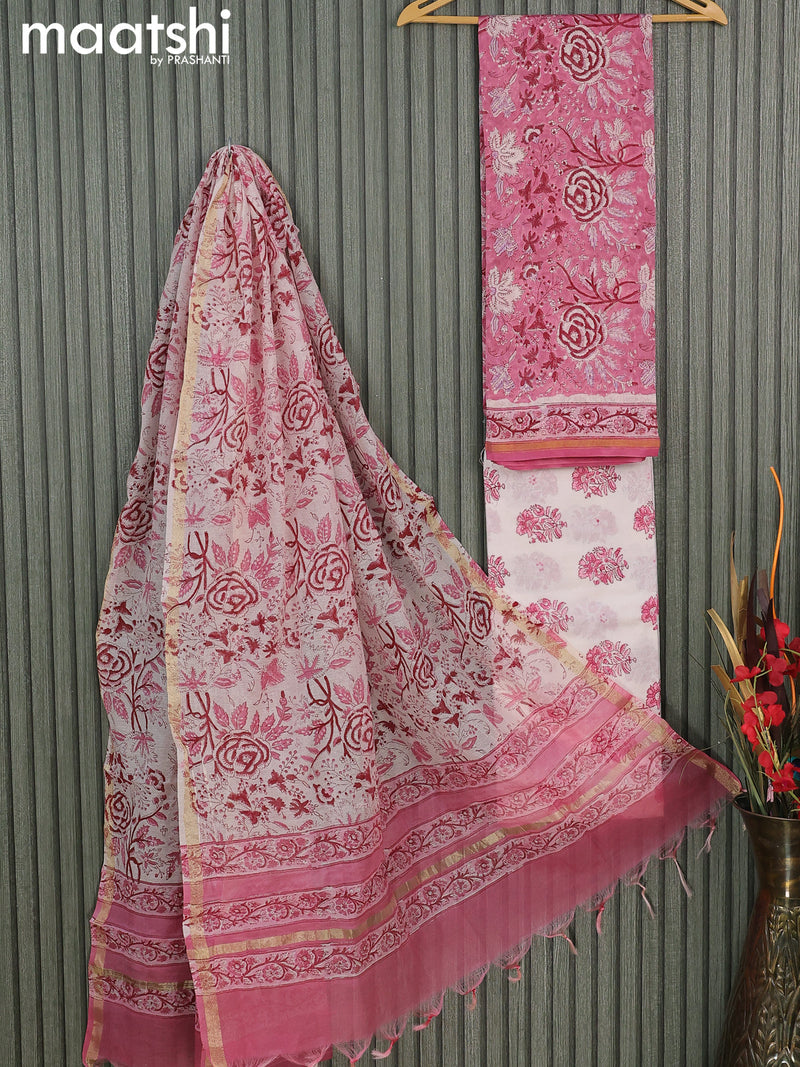 Chanderi dress material pink and off white with allover prints and small zari woven border