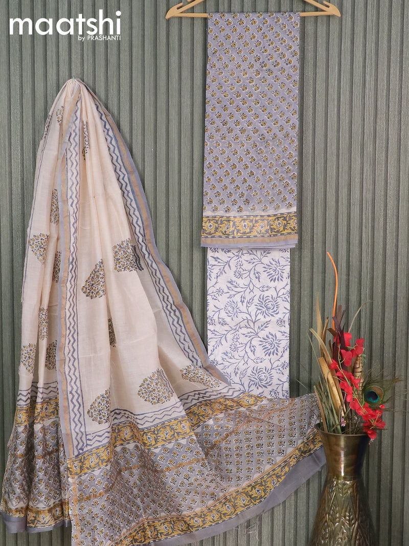 Chanderi dress material grey and off white with allover floral butta prints and small zari woven border