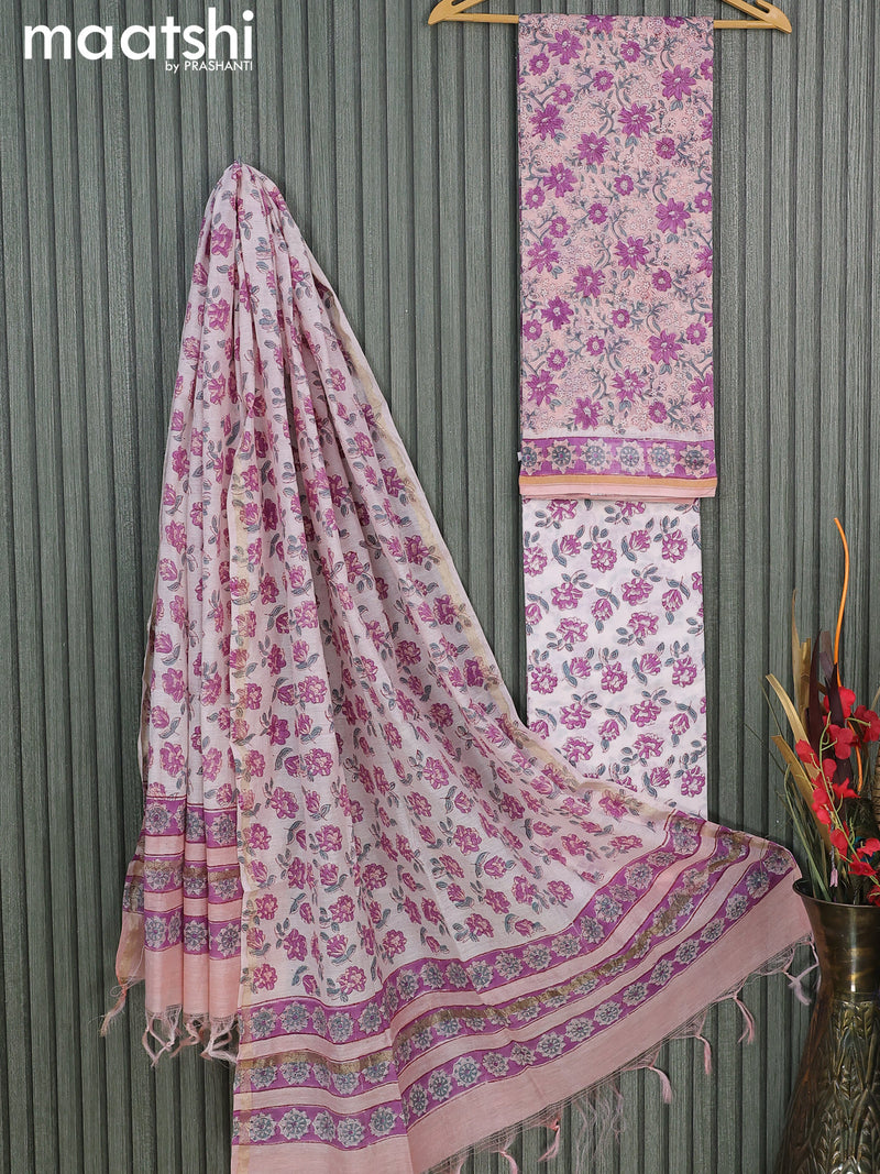 Chanderi dress material mild peach and off white with allover floral prints and small zari woven border