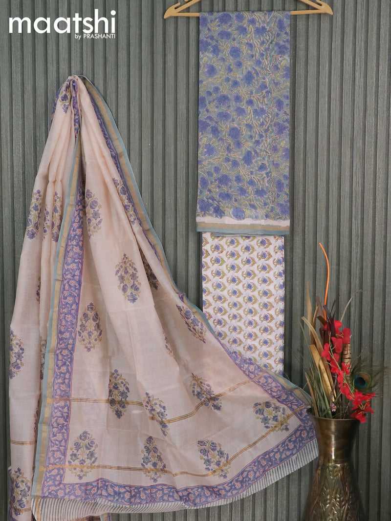 Chanderi dress material pastel blue and off white with allover floral prints and small zari woven border