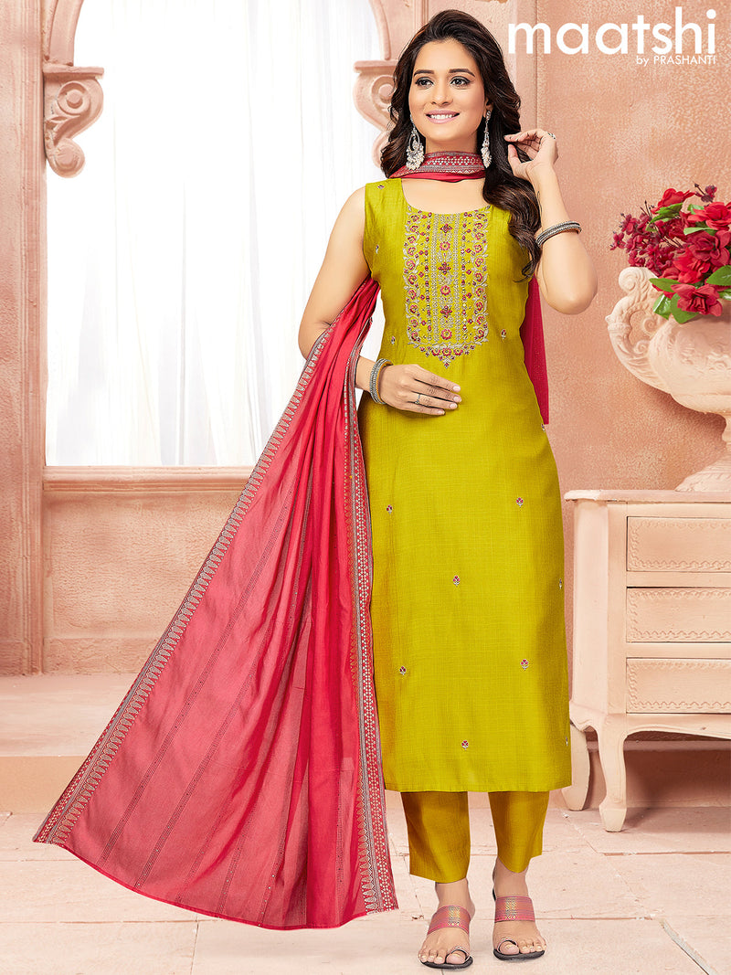 Raw silk readymade salwar suits lime yellow with embroidery & mirror work neck pattern and straight cut pant & sequin work dupatta attached sleeve