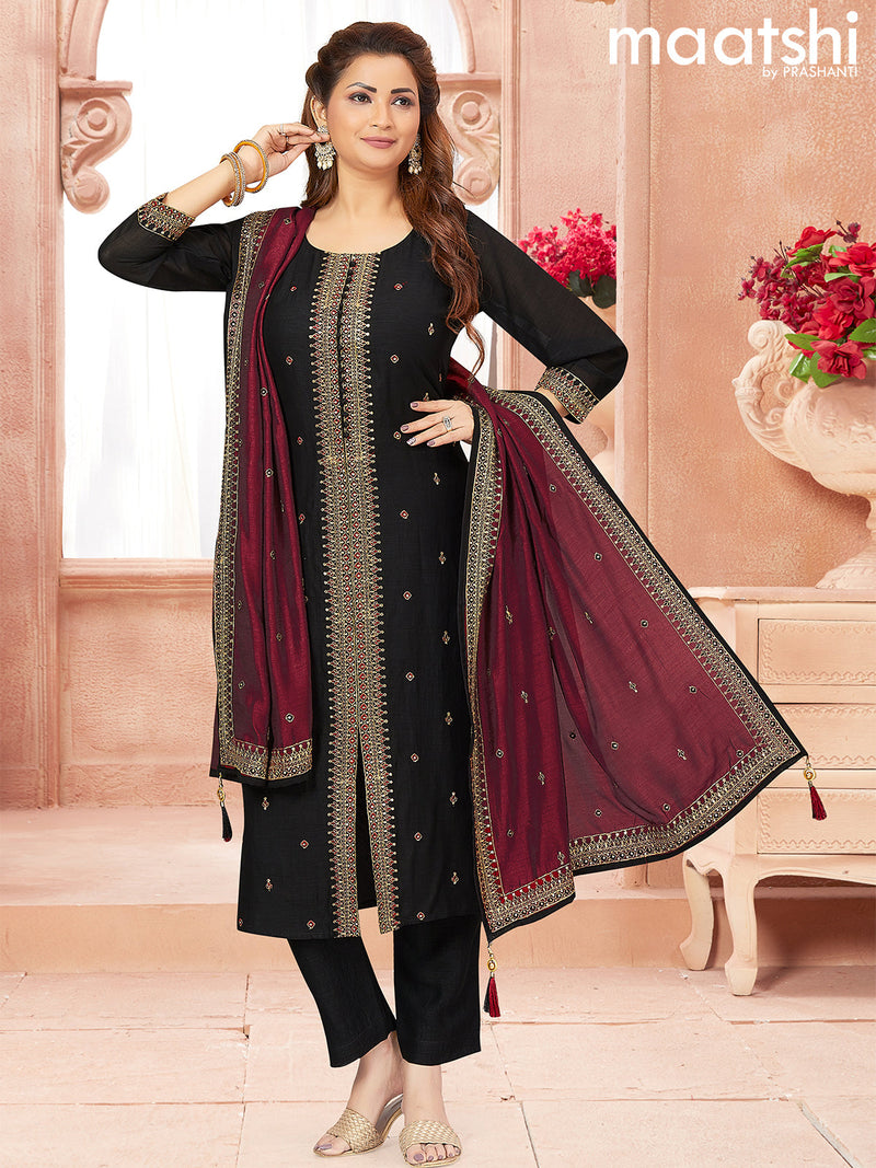 Raw silk readymade salwar suits black with embroidery & sequin work neck pattern and straight cut pant & embroidery work dupatta