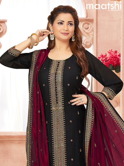 Raw silk readymade salwar suits black with embroidery & sequin work neck pattern and straight cut pant & embroidery work dupatta