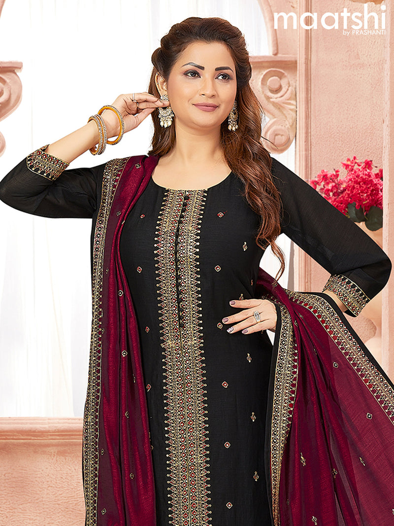 Raw silk readymade salwar suits black with embroidery & sequin work neck pattern and straight cut pant & embroidery work dupatta