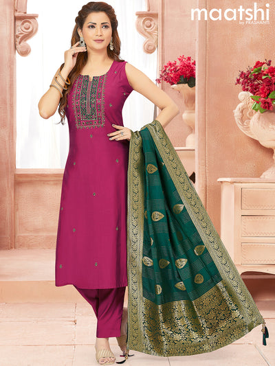 Chanderi readymade salwar suits magenta pink with embroidery & mirror work neck pattern and straight cut pant & banarasi dupatta attached sleeve