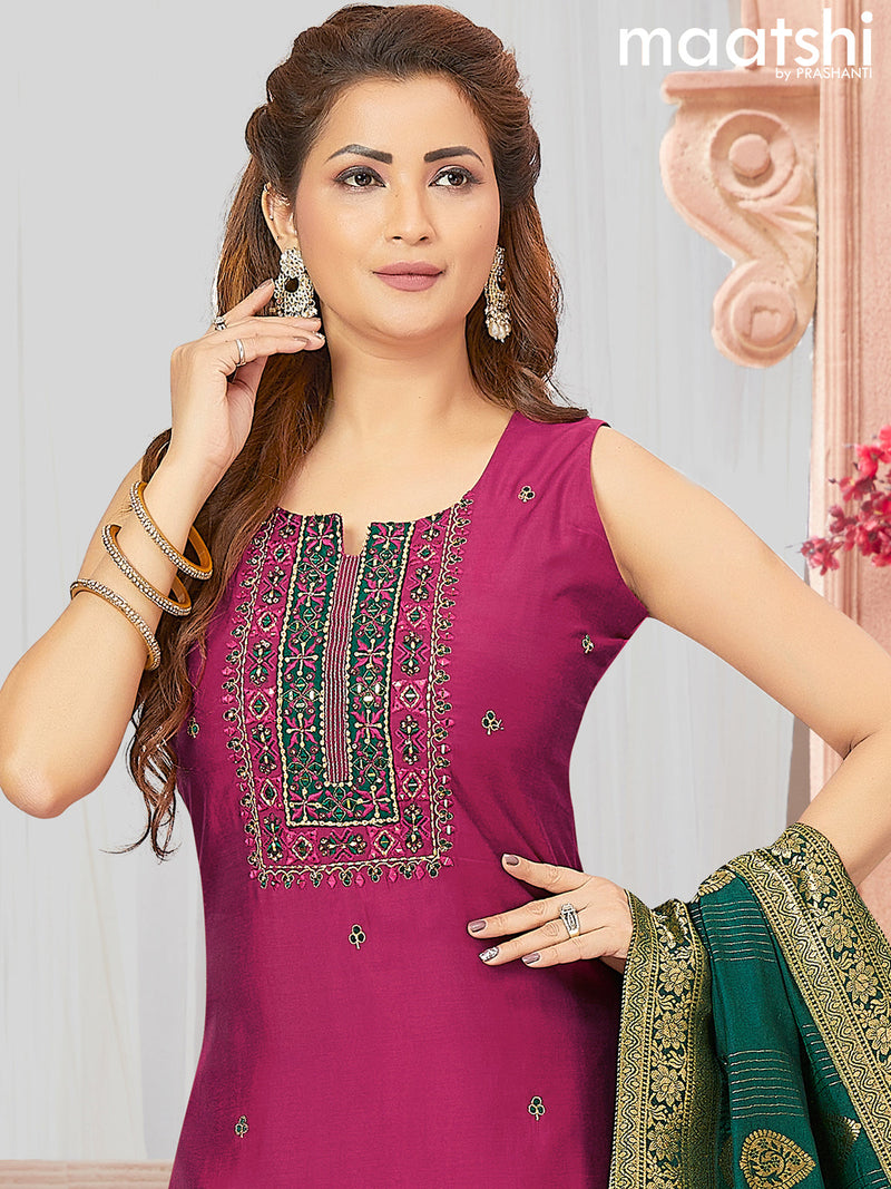 Chanderi readymade salwar suits magenta pink with embroidery & mirror work neck pattern and straight cut pant & banarasi dupatta attached sleeve