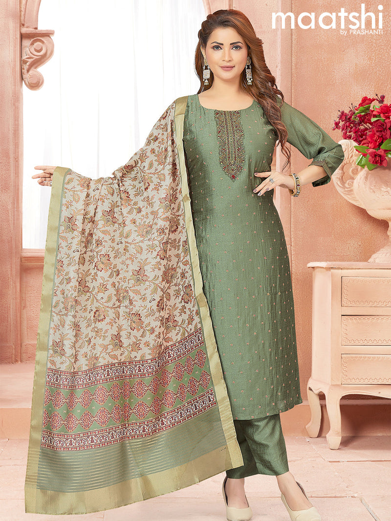 Raw silk readymade salwar suits pastel green with embroidery & zardosi work neck pattern and straight cut pant & printed dupatta