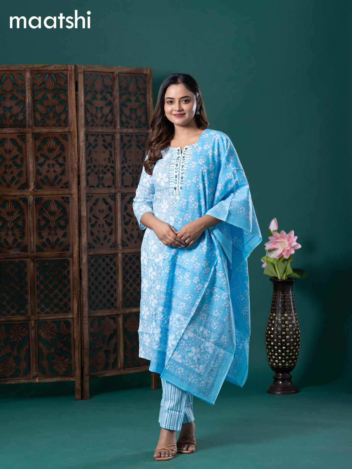 Cotton salwar suit light blue and off white with allover floral prints & embroidery patch work neck pattern and straight cut pant & cotton dupatta