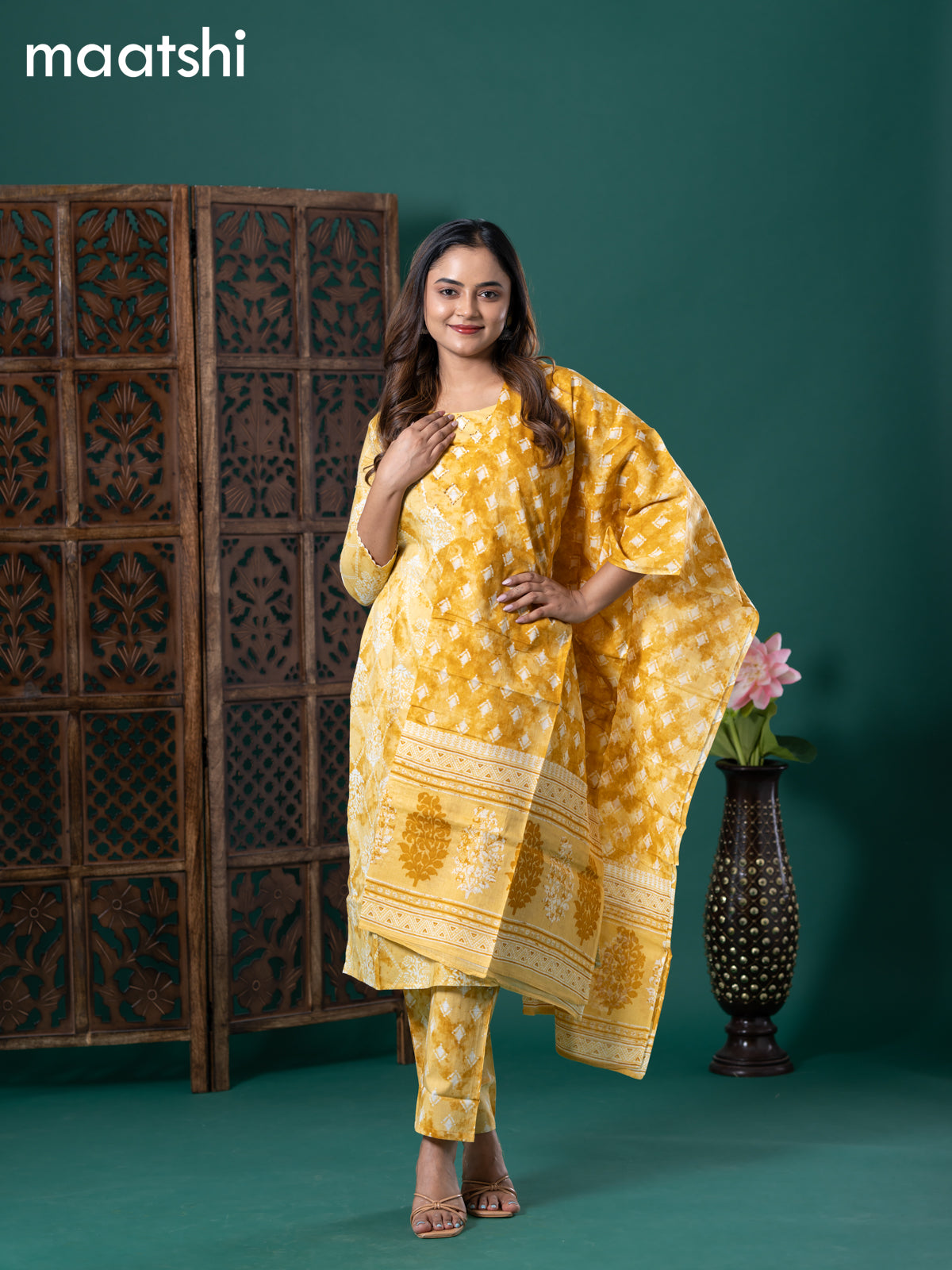 Cotton readymade salwar suit yellow shade with allover prints & embroidery lace work neck pattern and straight cut pant & cotton dupatta