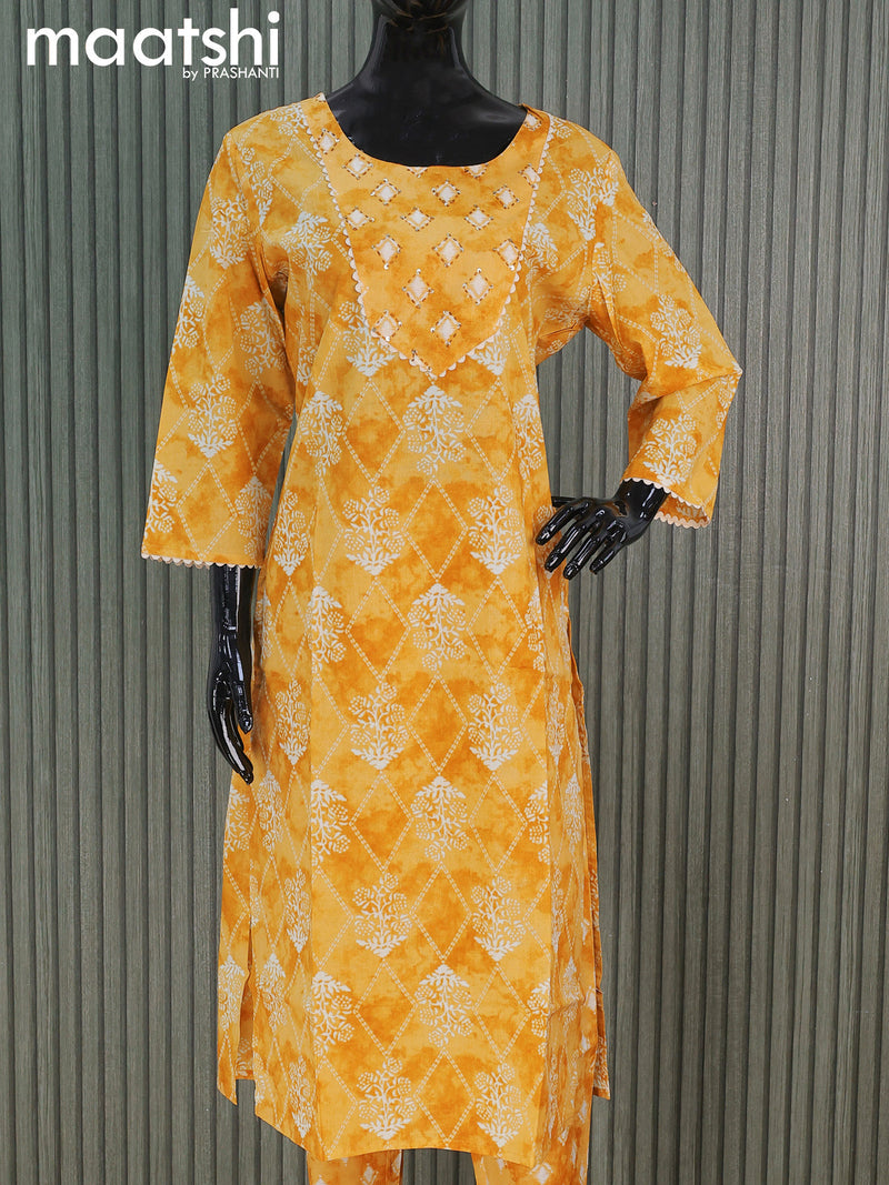 Cotton readymade salwar suits yellow shade with allover prints & embroidery lace work neck pattern and straight cut pant & cotton dupatta