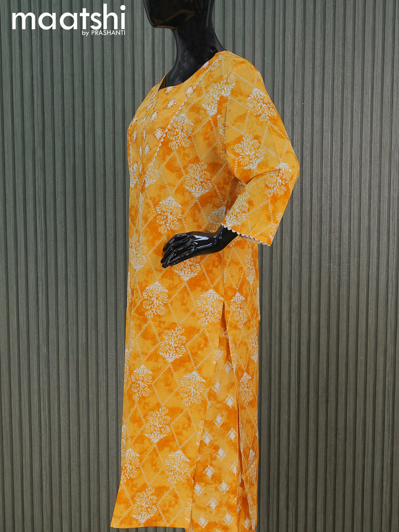 Cotton readymade salwar suits yellow shade with allover prints & embroidery lace work neck pattern and straight cut pant & cotton dupatta