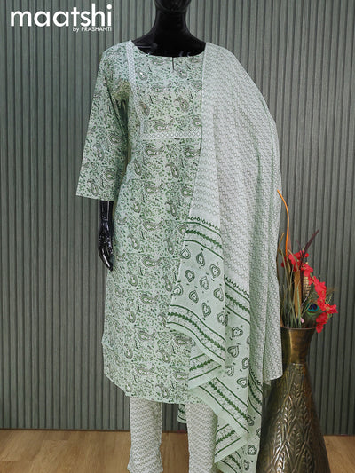 Cotton readymade salwar suits pastel green shade and off white with allover paisley prints & mirror embroidery work neck pattern and straight cut pant & cotton dupatta