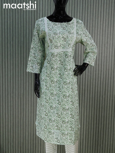 Cotton readymade salwar suits pastel green shade and off white with allover paisley prints & mirror embroidery work neck pattern and straight cut pant & cotton dupatta