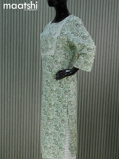 Cotton readymade salwar suits pastel green shade and off white with allover paisley prints & mirror embroidery work neck pattern and straight cut pant & cotton dupatta