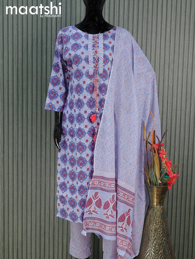 Cotton readymade salwar suits blue shade with allover prints & patch work neck pattern and straight cut pant & cotton dupatta