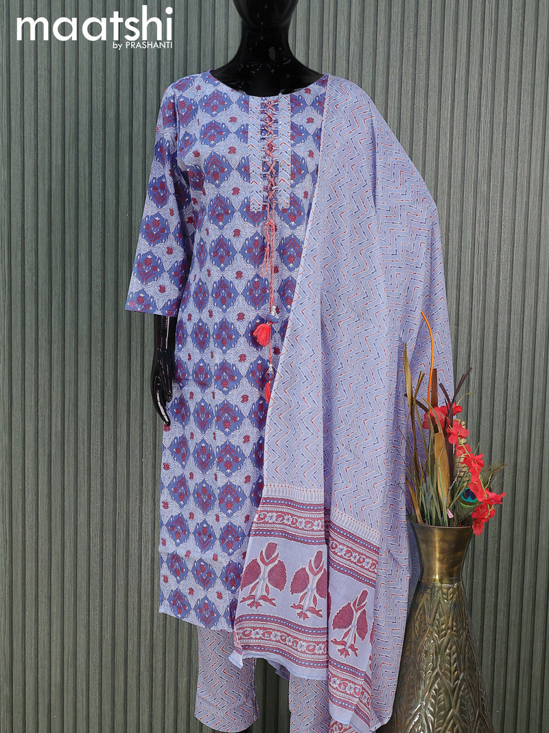 Cotton readymade salwar suits blue shade with allover prints & patch work neck pattern and straight cut pant & cotton dupatta