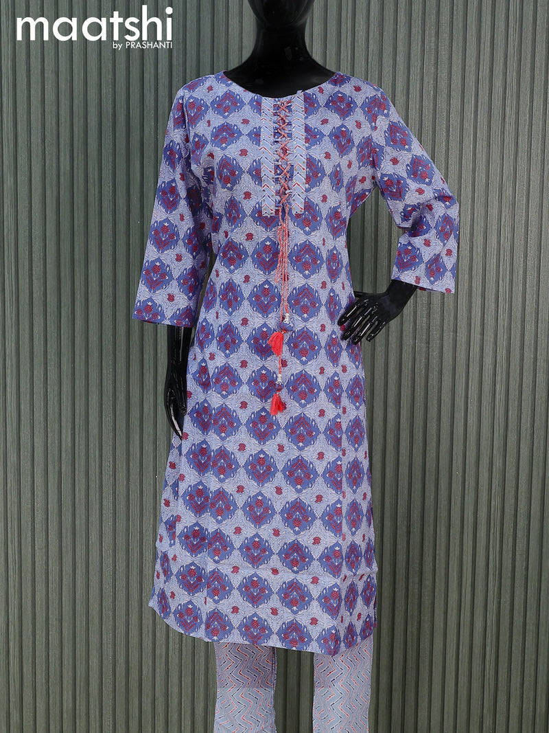 Cotton readymade salwar suits blue shade with allover prints & patch work neck pattern and straight cut pant & cotton dupatta