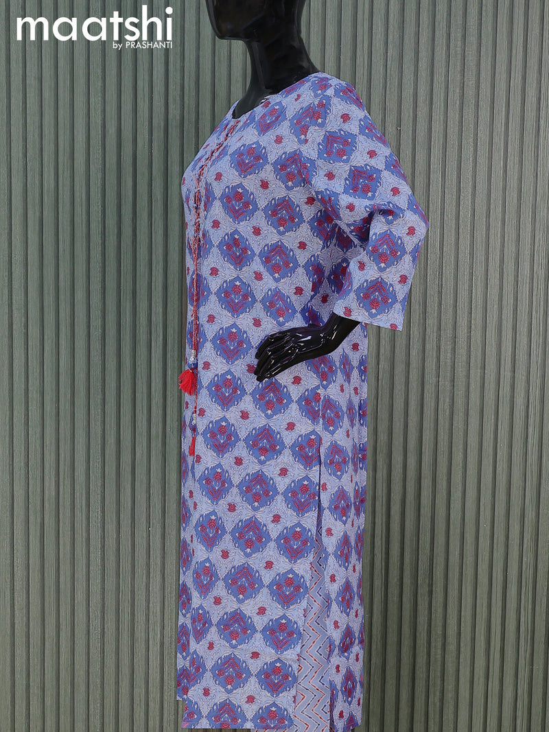 Cotton readymade salwar suits blue shade with allover prints & patch work neck pattern and straight cut pant & cotton dupatta