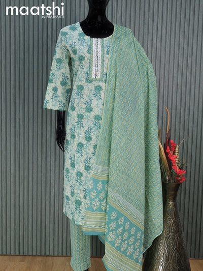 Cotton readymade salwar suits beige and pastel blue with floral prints & lace patch work neck pattern and straight cut pant & cotton dupatta