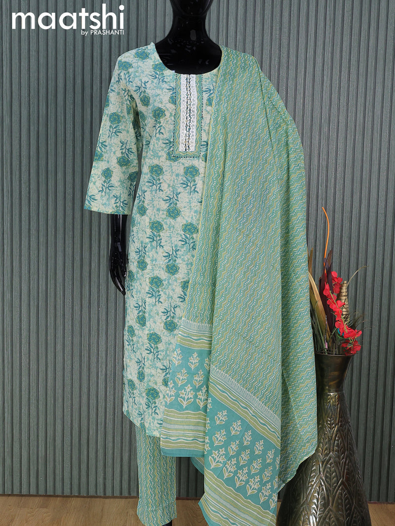 Cotton readymade salwar suits beige and pastel blue with floral prints & lace patch work neck pattern and straight cut pant & cotton dupatta