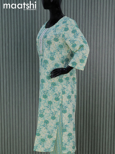 Cotton readymade salwar suits beige and pastel blue with floral prints & lace patch work neck pattern and straight cut pant & cotton dupatta