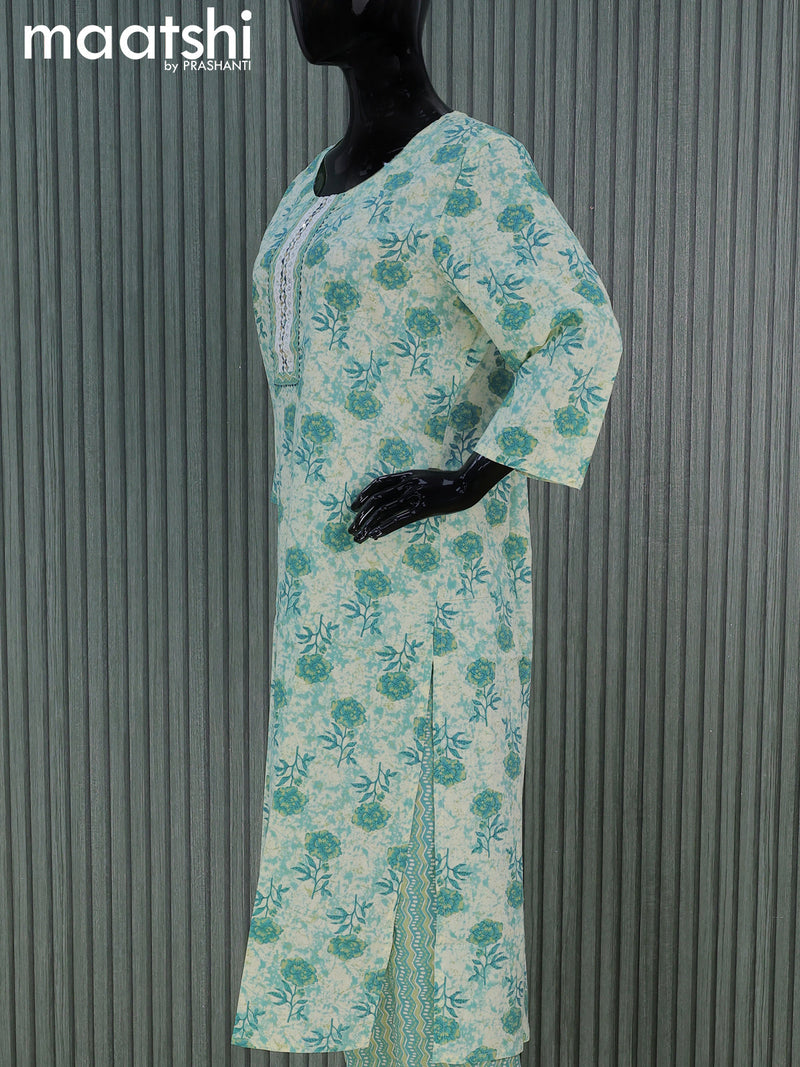 Cotton readymade salwar suits beige and pastel blue with floral prints & lace patch work neck pattern and straight cut pant & cotton dupatta