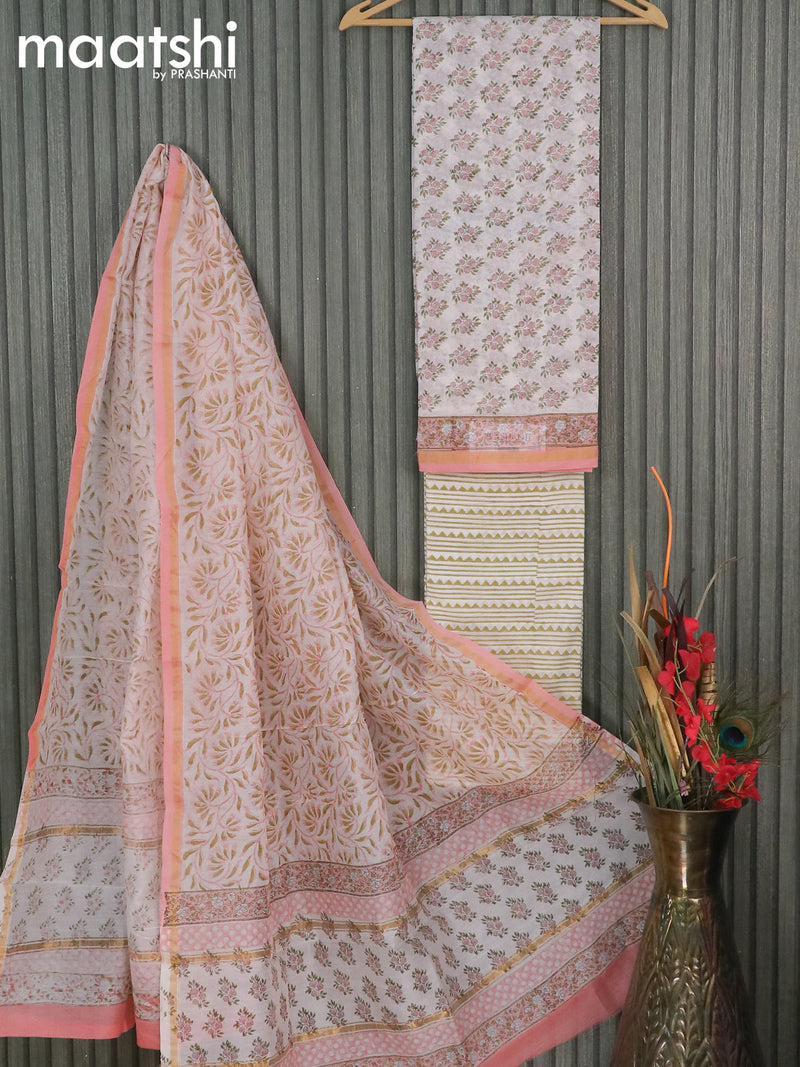 Pure chanderi dress material off white with allover butta prints and small zari woven border