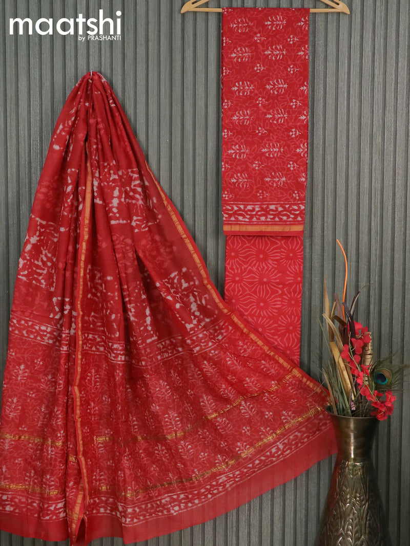 Pure chanderi dress material red with allover prints and small zari woven border