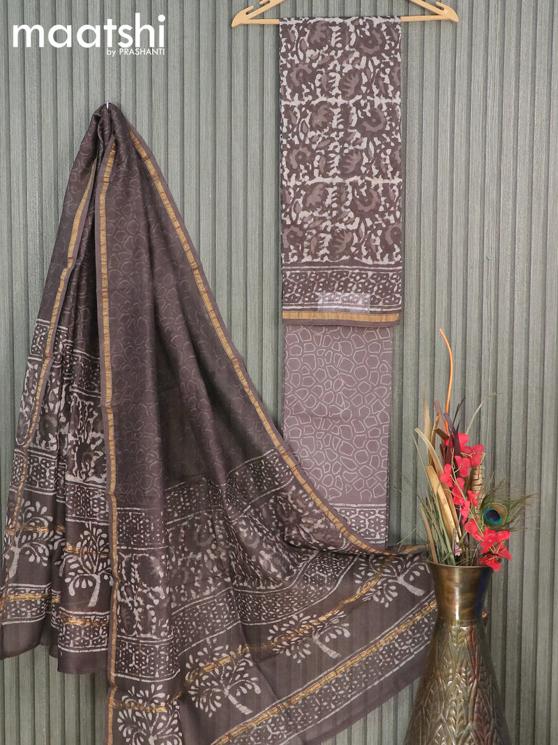 Pure chanderi dress material grey with allover prints and small zari woven border