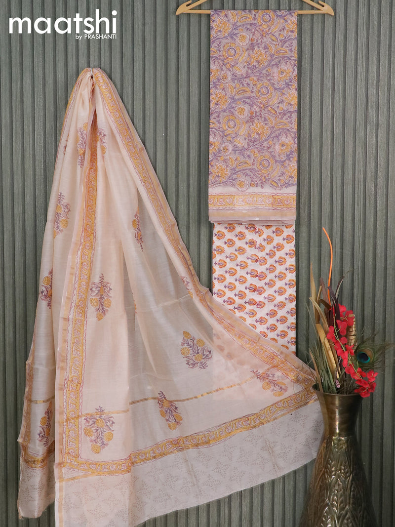 Pure chanderi dress material grey and off white with allover floral prints and small zari woven border