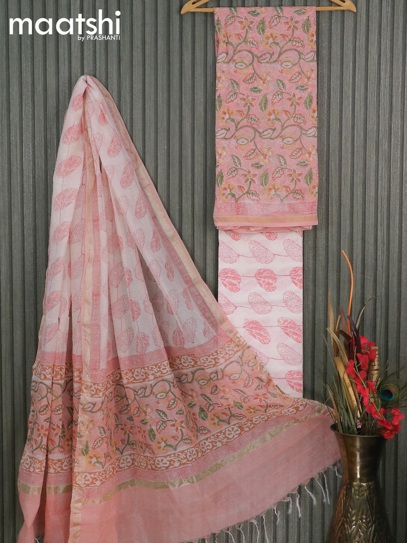 Pure chanderi dress material peach pink and off white with allover floral prints and small zari woven border