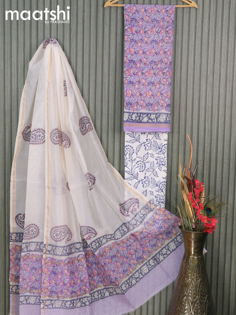 Pure chanderi dress material lavender shade and off white with allover floral prints and small zari woven border