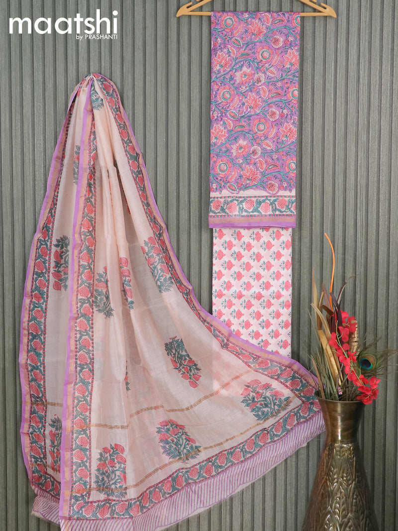 Pure chanderi dress material purple and off white with allover floral prints and small zari woven border