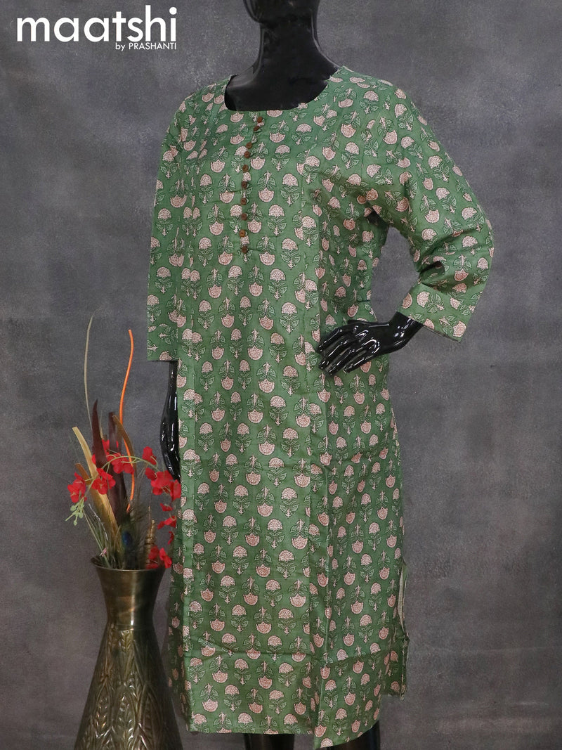 Semi tussar readymade A-line kurti green with floral butta prints without pant