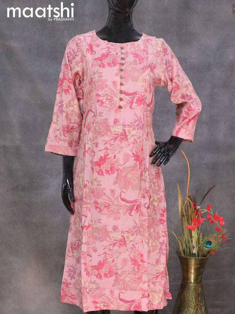 Muslin readymade A-line kurti pastel pink with allover floral prints without pant