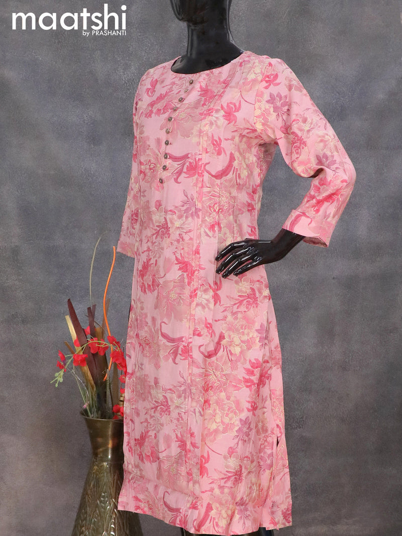Muslin readymade A-line kurti pastel pink with allover floral prints without pant