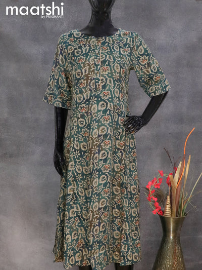 Soft cotton readymade A-line kurti peacock green with allover batik prints without pant