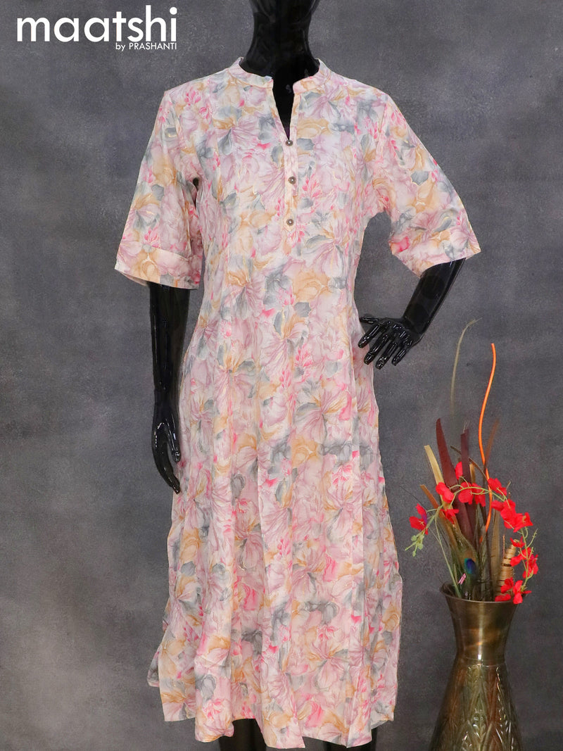 Rayon readymade A-line kurti off white and mild purple with allover floral prints without pant