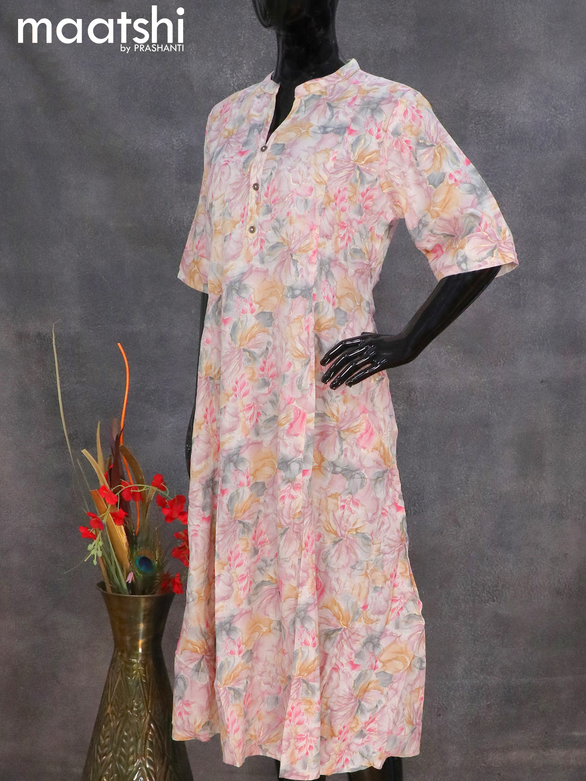 Rayon anarkali kurti off white and mild purple with allover floral prints without pant