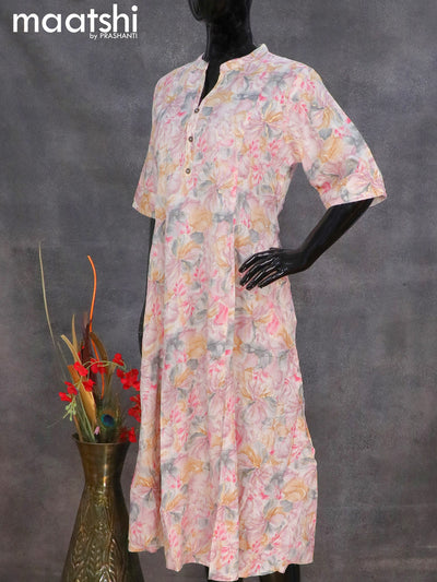 Rayon readymade A-line kurti off white and mild purple with allover floral prints without pant
