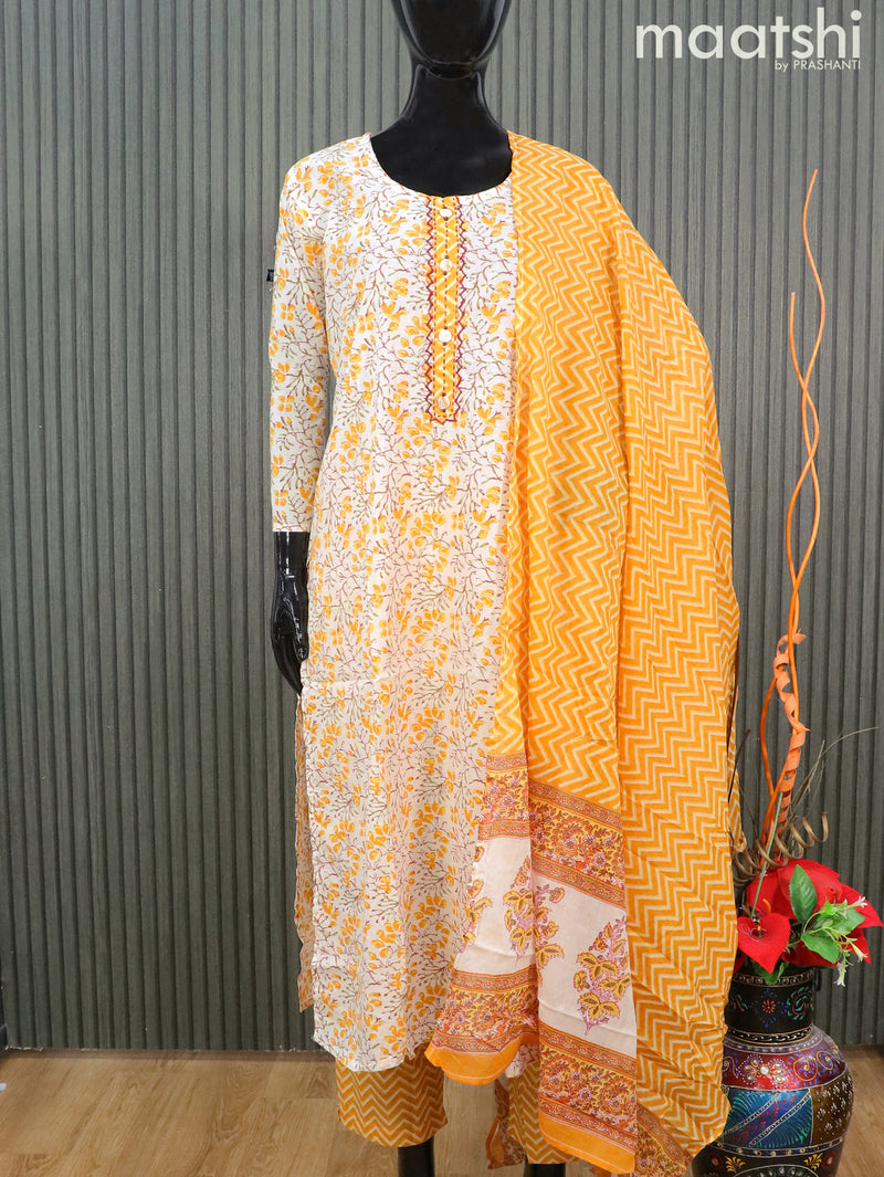 Cotton readymade salwar suits off white and yellow with allover floral prints & embroidery work neck pattern and straight cut pant & printed dupatta