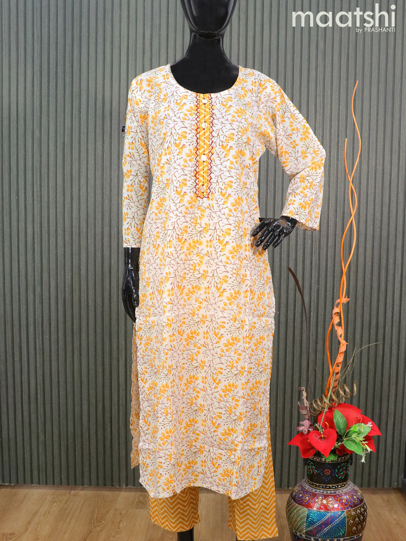 Cotton readymade salwar suits off white and yellow with allover floral prints & embroidery work neck pattern and straight cut pant & printed dupatta