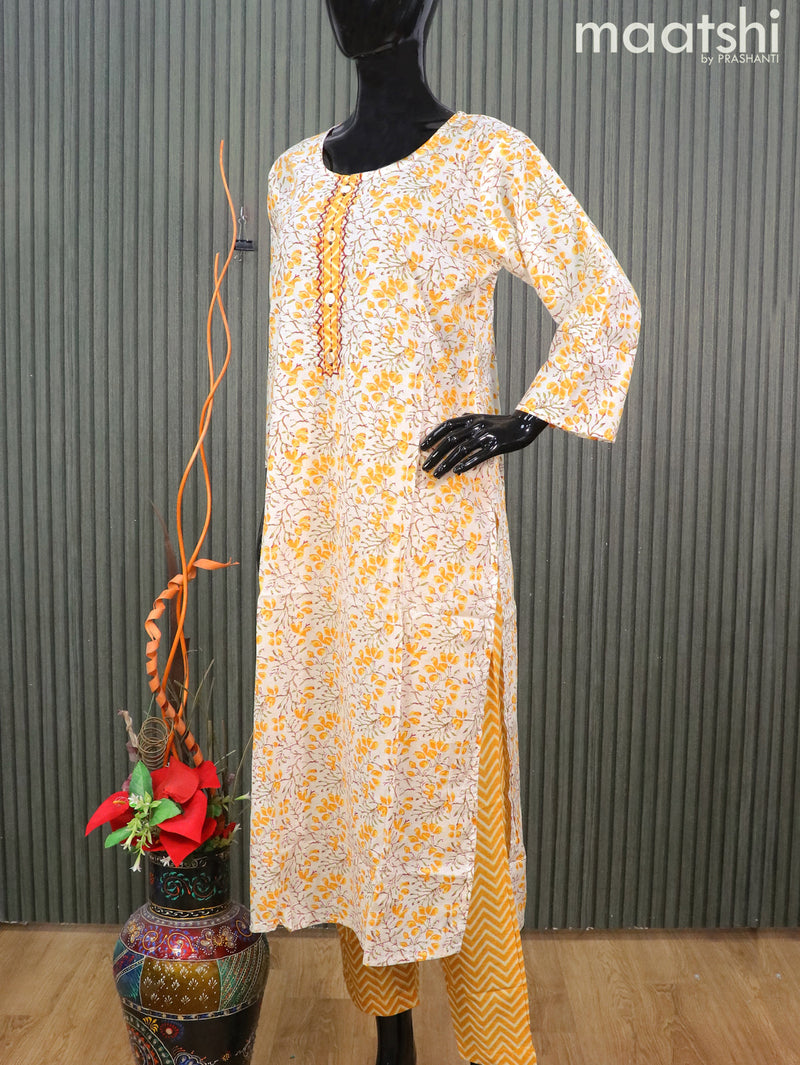 Cotton readymade salwar suits off white and yellow with allover floral prints & embroidery work neck pattern and straight cut pant & printed dupatta