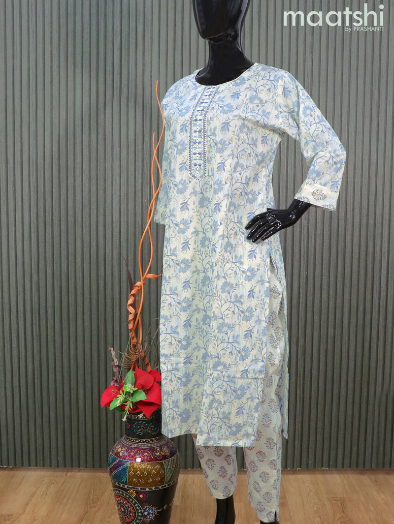 Cotton readymade salwar suits off white and blue shade with allover floral prints & embroidery work neck pattern and straight cut pant & printed dupatta