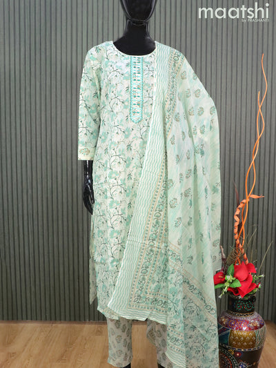Cotton readymade salwar suits off white and teal green shade with allover floral prints & embroidery work neck pattern and straight cut pant & printed dupatta