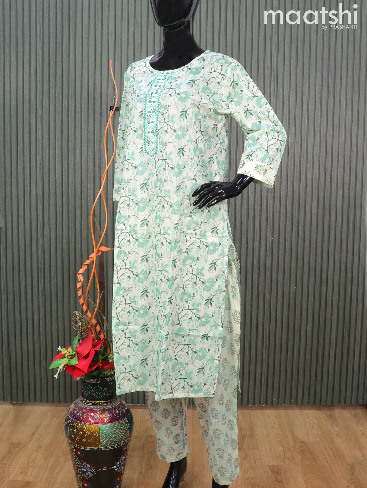 Cotton readymade salwar suits off white and teal green shade with allover floral prints & embroidery work neck pattern and straight cut pant & printed dupatta